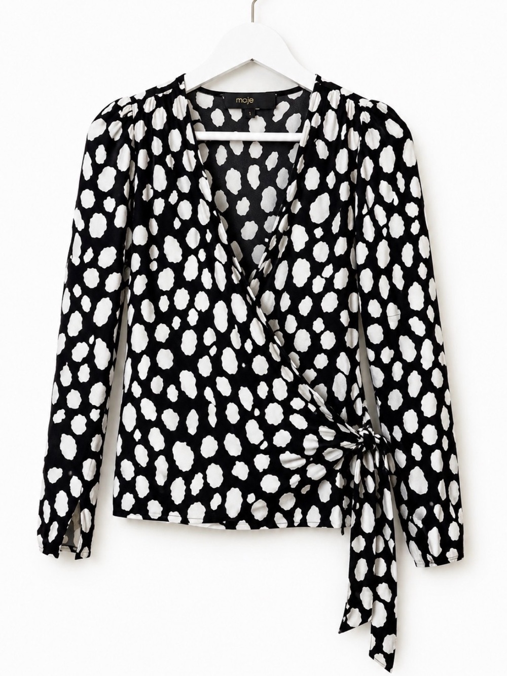 Maje Parisian Quiet Luxury Dalmatian Wrap Blouse Tie Waist Black White